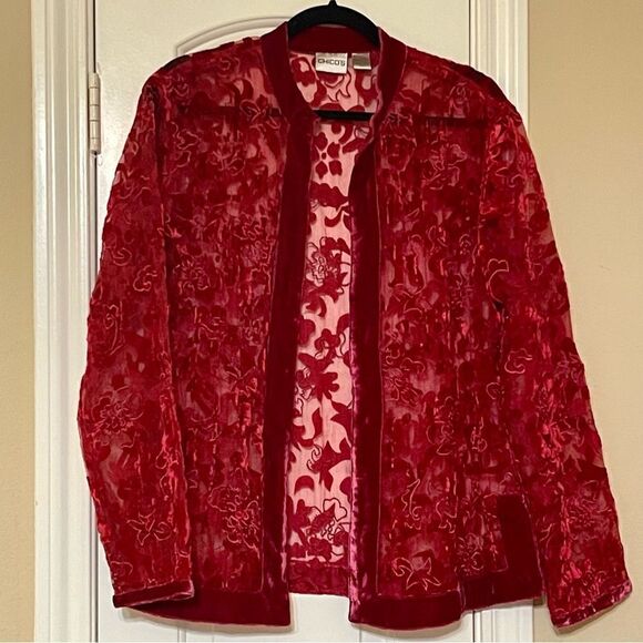 Chicos Vintage Womens Velvet Red Floral Sheer Jacket - Picture 1 of 3